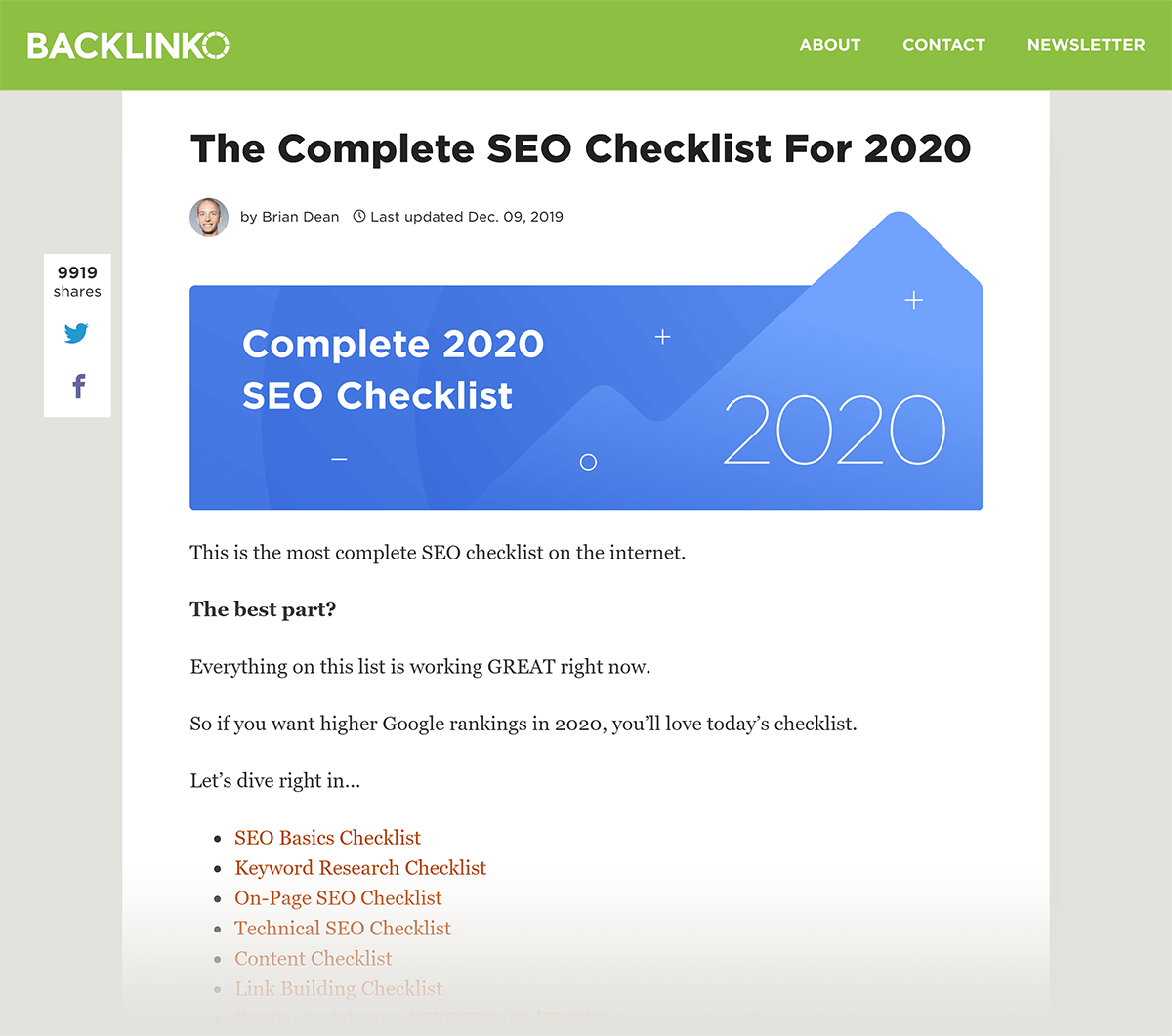 Postagem da Backlinko SEO Checklist